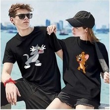 Tom ve Jerry Tasarım Sevgili Çift Kombini Beyaz Oversize Tshirt 2'li Set