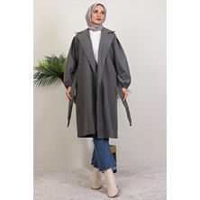 Giza Giyim Kadın Oversize Koyu Gri Kaşe Kaban Düz Desenli Astarsız Rahat Stil