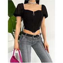 Siyah Kolu Şifonlu Fermuarlı Kısa Kol Kadın Crop Bluz