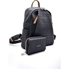 Kadın Siyah Taba 9 Bölmeli Gofraj Baskılı Sırt Çantası ve Cüzdan Kombini