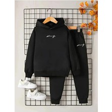 Sinser Teks Baskılı Erkek/kız Çocuk Eşofman Takımı Uzun Kol Kapüşonlu Siyah Günlük Stil 6 Yaş