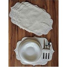 6 Adet Çift Sıra Ekru Nakışlı Kaşıklıklı Amerikan Servis Supla