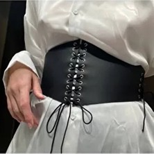 Elbise ve Üzeri Ipli Ayarlı Bağlamalı Şık Deri Kadın Bel Korse Kemer Siyah, Gotik Tarz, Metal Giyim