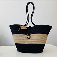 Boheme Bag Hasır Plaj Çantası Kadın Günlük Kullanıma Uygun Jüt Materyal Düz Desen Haki Renk