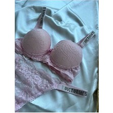 Modellife Dantelli Lastiği Taşlı Balenli Destekli Dolgulu Push Up Pudra Sütyen Ve String Iç Çamaşırı Takımı