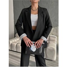 Kadın Siyah Astarlı Blazer Ceket Kol Içi Çizgili Katlama Detaylı