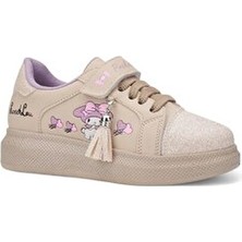 Günlük Kız Çocuk Bej Sneaker Püskül Detay Oval Simli Burun Lastik Bağcık Cırtlı Spor Ayakkabı 3740