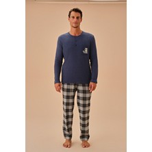 Suwen Forest Erkek Pijama Takımı Ekose Desenli Kısa Kol Düğmeli Yaka 2'li Set Gri Renk