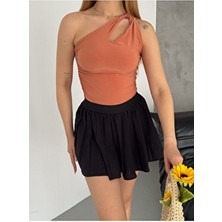 Kadın Kiremit Omuz Burgulu Crop Bluz