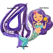 Parti Station Mermaid Deniz Kızı 4 Yaş Doğum Günü Parti Balon Seti Mor Rakam Balon ve Siyah Renkli 4 Adet