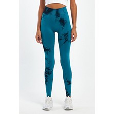 Cervus Kadın Spor Tayt Dikişsiz Tasarım Batik Desen Uzun Mavi Renk Slim Fit