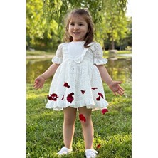 Baby Animals Kız Bebek Elbisesi Dantelli Kısa Kol Doğum Günü ve Parti İçin Beyaz Trend Stil