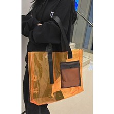 Turuncu Renk Pvc Kumaş Su Geçirmez Kadın Plaj Çantası - Cep Detaylı Şeffaf Plaj Çantası