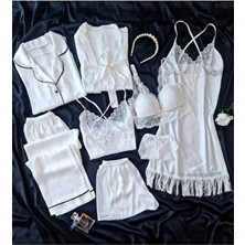 Çeyize Dair Herşey Ekru Ipek Saten Düğmeli Uzun Kol Pijama Seti Erkek İçin 8 Parça Kutulu Gelin Seti