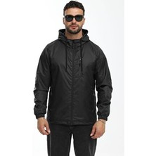 Erkek Siyah Astarlı Rüzgara Dayanıklı Kapüşonlu Cepli Yağmurluk