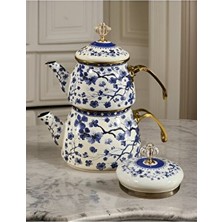 Porlisma Amara Çift Kapak Emaye Çaydanlık Seti 3 lt Mavi Çiçek Desenli Çok Renkli Emaye