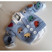 El Örgüsü Arabalı Bebek Çocuk Hırkası Mavi Örme Kumaşla Uzun Kol Düz Desenli