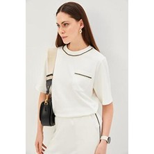 Allyco Kadın Regular Fit Bisiklet Yaka Ekru Tişört Kısa Kol Örme Kumaş Detaylı