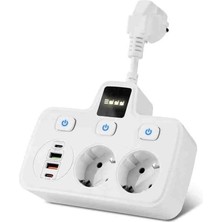 Akım Korumalı 2x USB ve 2x Type-C Portlu 3 Anahtarlı Ikili Priz Hızlı Şarj Özellikli Duvar Tipi Kısa Kablolu 2li Priz
