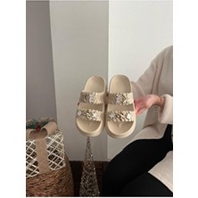 Taşlı Şık Tasarım Önü Açık Plaj Havuz Bahçe Deniz Yazlık Yumuşak Kalın Tabanlı Günlük Terlik