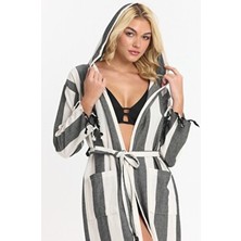 Mulberry Peştemal Bornoz Kadınlar İçin Pamuklu Kapüşonlu Cepli Siyah Çizgili Tasarım