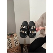 Taşlı Şık Tasarım Önü Açık Plaj Havuz Bahçe Deniz Yazlık Yumuşak Kalın Tabanlı Günlük Terlik