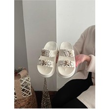 Taşlı Şık Tasarım Önü Açık Plaj Havuz Bahçe Deniz Yazlık Yumuşak Kalın Tabanlı Günlük Terlik