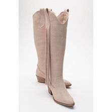 Luvi Shoes Kadın Bej Süet Kalın Topuklu Çizme Deri Malzeme ile Kışlık Kullanıma Uygun