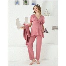 Hamile Uzun Kol Sabahlıklı Cep Detaylı Birleşik Kuşaklı 3'lü Gecelik Takım