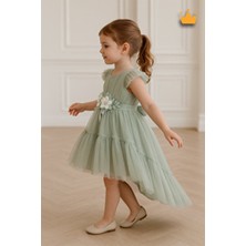 2-6 Yaş Büzgü Tül Detaylı Taş Işleme Çiçekli Kız Çocuk Abiye Elbise Bayramlık Gelinlik Yeşil 6505