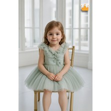 1-5 Yaş Yakası Taşlı Tüllü Özel Tasarım Sırt Detaylı Kız Çocuk Tül Etek Abiye Elbise Gelinlik 6516