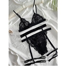 Rozenin Lingerie Siyah 3'lü Set Bant Detaylı Balensiz Sütyen Takımı Düz Desenli Kadın İç Giyim Konforlu Tasarım