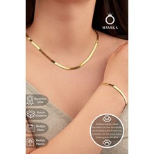 Mavega Yassı Ezme Italyan Zincir Kolye Bileklik Set Kararmaz Çelik Altın Renk 45 cm - 23 cm