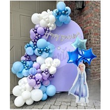 Elsa Frozen Konsept Lila Beyaz Mavi ve Krom Balon 100 Lü Elsa Folyo Balon Yıldız Süslü Parti Seti