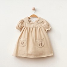 My Lusa Baby Çiçek Nakışlı Bej Müslin Kız Bebe Elbise Slim Kalıp Yaz Stili