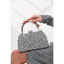 Kadın Gümüş Taşlı Abiye Clutch Portföy Çanta