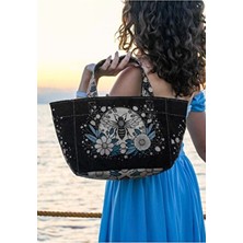 Kadın Vegan Deri Siyah Medium Tote Bag - Bee With Flowers Tasarım