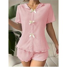 Bella Notte V Yaka Toz Pembe Pamuklu Fiyonk Detaylı Pijama Takımı  Şık Tasarım