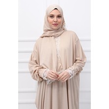 Defka Kendinden Başörtülü Dantelli Kadın Tesettür Namaz Elbisesi Pamuk - Polyester Uzun Kol Düz Desen