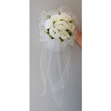 Gelin Buketi-Gelin Çiçeği-Nikah Çiçeği Kırık Beyaz Gül Etrafı Tüllü Vibulalı
