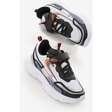 Çocuk Unisex Siyah Beyaz Eva Faylon Taban Desenli Cırtlı Lastik Bağcıklı Spor Ayakkabı