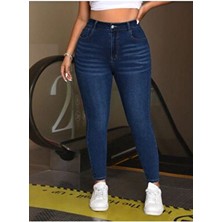 Noxter Kadın Koyu Mavi Denim Pantolon Büyük Beden Uzun Boy Düğme Fermuar Kapamalı