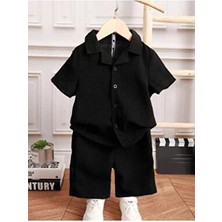 V Yaka Gömlek Detaylı Pamuklu Waffle Şort Takım-Siyah