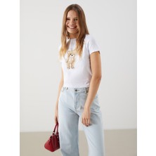 Lc Waikiki Yeni Sezon Bisiklet Yaka Ayı Baskılı Kadın Tişört