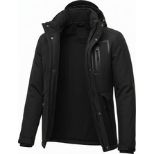 Mero Life Outdoor Kapüşonlu Su ve Rüzgar Geçirmez Kapitone Içi Kürklü Elyaf Dolgulu Şişme Siyah Softshell Mont