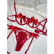 Kırmızı Fiyonk Detaylı Bacak Aksesuarlı 3’lü Set Sütyen Takımı