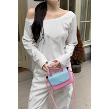 Tarz Cool Beyaz Kadın Oversize Uzun Kollu Düşük Omuz Kayık Yaka %100 Pamuk T-Shirt