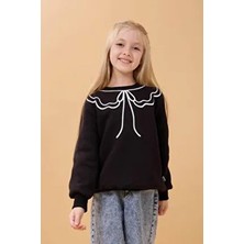 Perendi Kız Çocuk Siyah Bisiklet Yaka Şardonlu Sweatshirt Uzun Kol Baskılı Tasarım