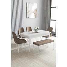 Loft Beyaz 80X132 Açılabilir Mdf Masa Yemek Odası Takımı, Mutfak Takımı 4 Sandalye, 1 Bench