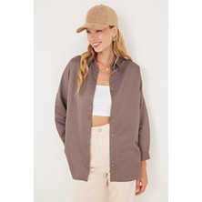 Kadın Oversize Rahat Kesim Spor Yaka Uzun Kollu Basic Düz Vizon Gömlek